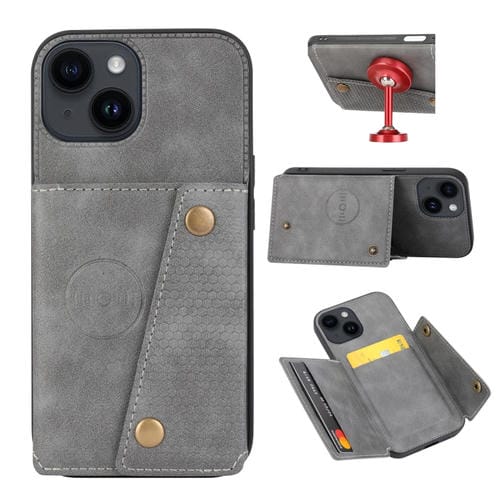 Para iPhone 15 Funda para Teléfono Pu + TPU con Ranuras para Tarjetas con Doble Hebilla (Gris) - MOVILSTORE