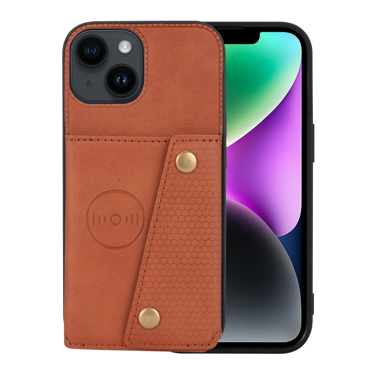 Para iPhone 15 Funda para Teléfono Pu + TPU con Ranuras para Tarjetas con Doble Hebilla (Marrón) - MOVILSTORE