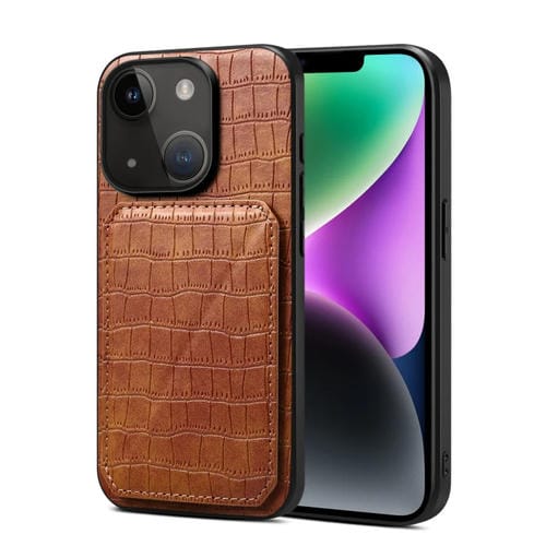 Para iPhone 15 Funda Trasera para Teléfono de Piel de Cocodrilo de Imitación con Soporte (Marrón) - MOVILSTORE