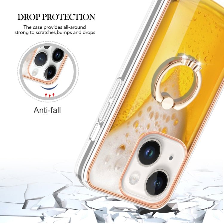 Para iPhone 15 Galvanoplastia Caja de Teléfono Imd de Doble Cara con Soporte para Anillo (Cerveza de Barril) - MOVILSTORE