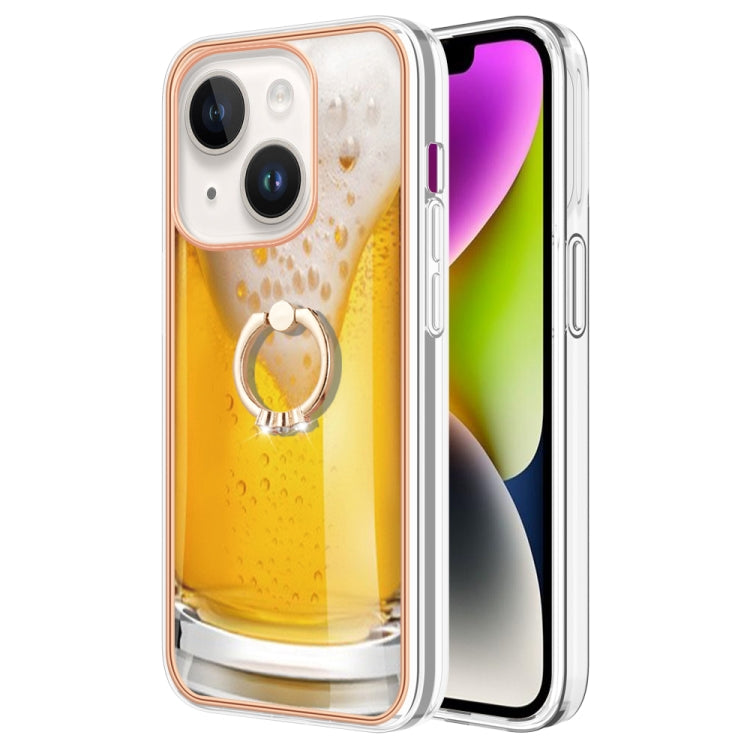 Para iPhone 15 Galvanoplastia Caja de Teléfono Imd de Doble Cara con Soporte para Anillo (Cerveza de Barril) - MOVILSTORE