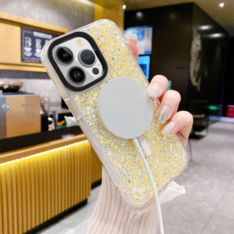 Para iPhone 15 Gold Armor Magsafe Glitter Epoxy Phone Case (Amarillo) - MOVILSTORE