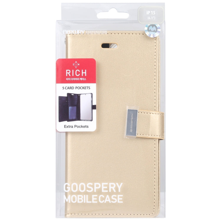 Para iPhone 15 Goospery Rich Diary Funda para Teléfono de Cuero con Textura Crazy Horse (Dorado) - MOVILSTORE