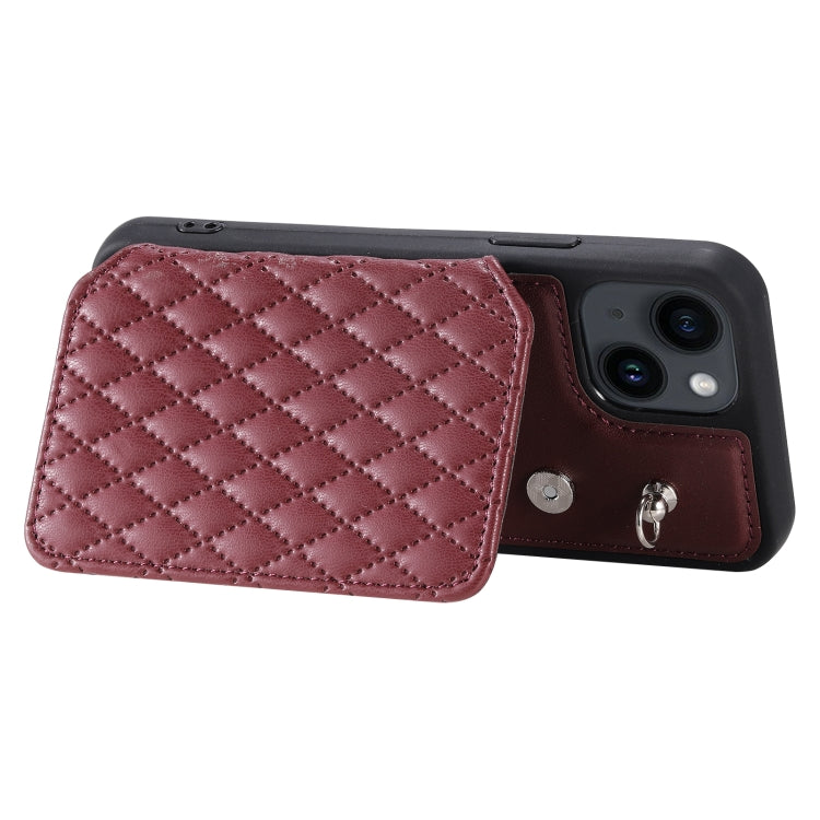 Para iPhone 15 Grid Texture Card Bag Funda para Teléfono con Cordón (Rojo) - MOVILSTORE