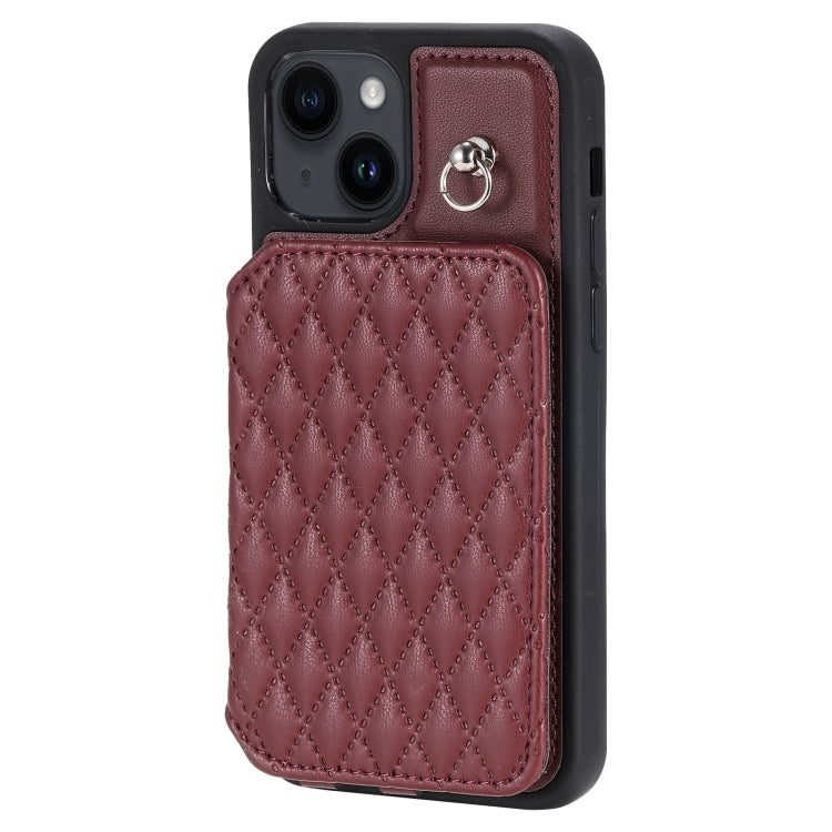 Para iPhone 15 Grid Texture Card Bag Funda para Teléfono con Cordón (Rojo) - MOVILSTORE