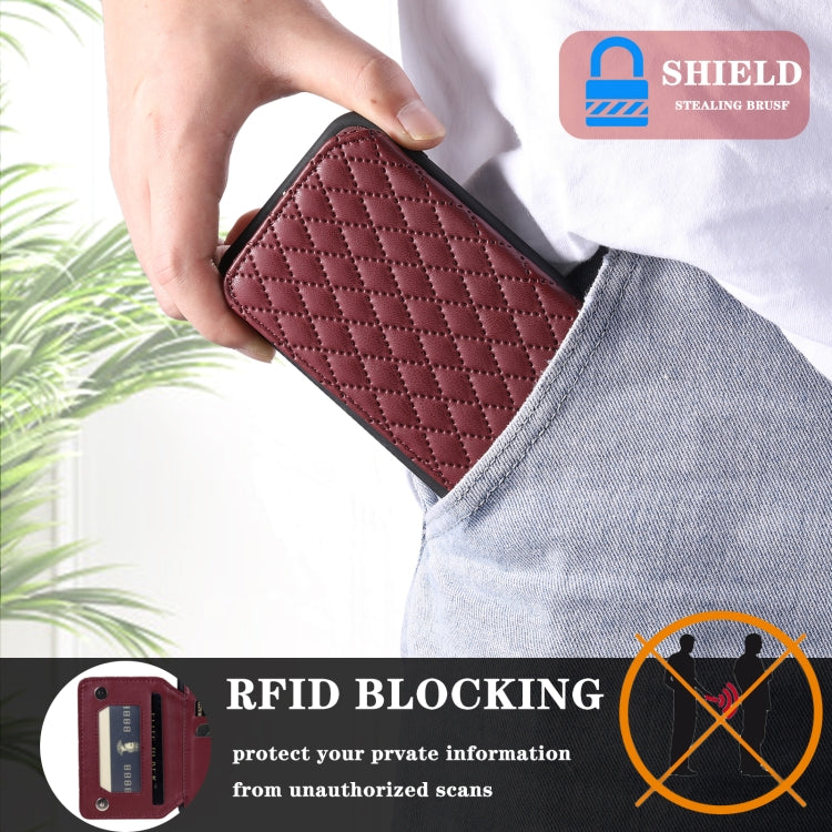 Para iPhone 15 Grid Texture Card Bag Funda para Teléfono con Cordón (Rojo) - MOVILSTORE