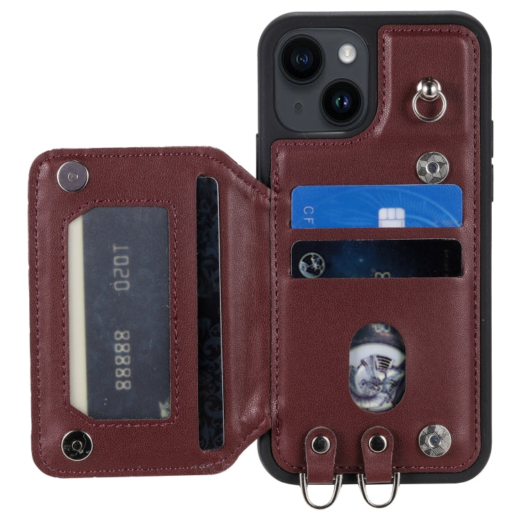 Para iPhone 15 Grid Texture Card Bag Funda para Teléfono con Cordón (Rojo) - MOVILSTORE