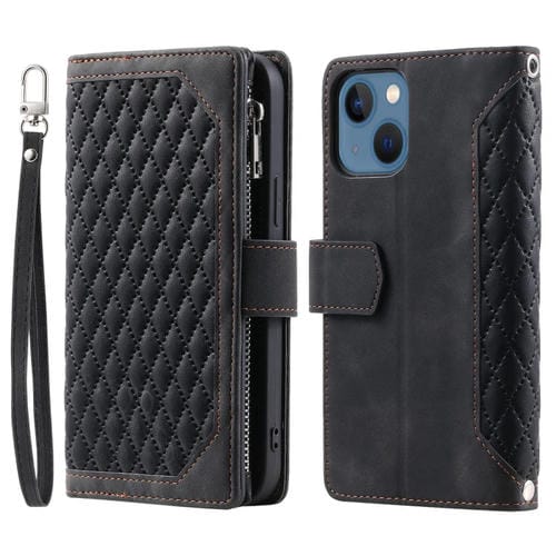 Para iPhone 15 Grid Texture Funda de Cuero con Cremallera para Teléfono con Cordón (Negro) - MOVILSTORE