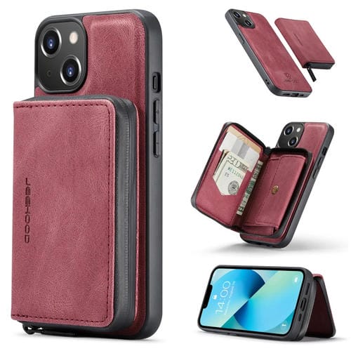 Para iPhone 15 Jeehood Funda de Cuero para Teléfono con Billetera con Cremallera Magnética (Rojo) - MOVILSTORE