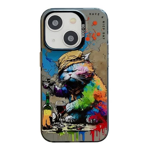 Para iPhone 15 Patrón de Animales Serie de Pintura al Óleo PC + Estuche para Teléfono TPU (Gato Bebiendo) - MOVILSTORE
