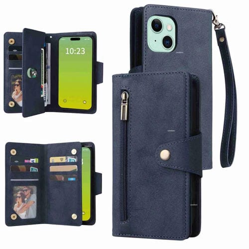 Para iPhone 15 Remache Hebilla 9 Tarjetas Funda de Cuero para Teléfono con Tres Pliegues (Azul) - MOVILSTORE