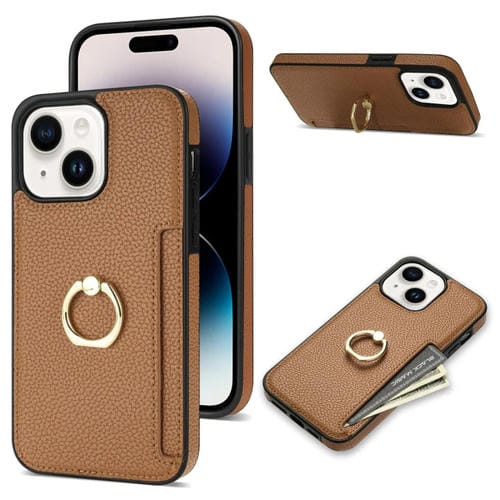 Para iPhone 15 Ring Card Litchi Funda Trasera de Cuero para Teléfono (Marrón) - MOVILSTORE