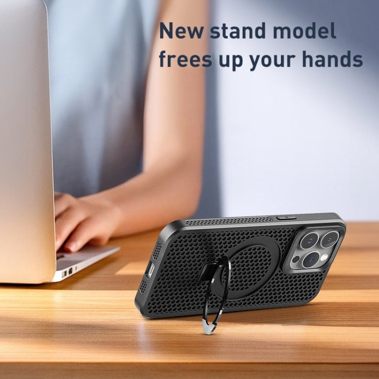 Para iPhone 15 Skin Feel PC + TPU Funda Magnética para Teléfono Magsafe con Enfriamiento y Soporte (Púrpura) - MOVILSTORE